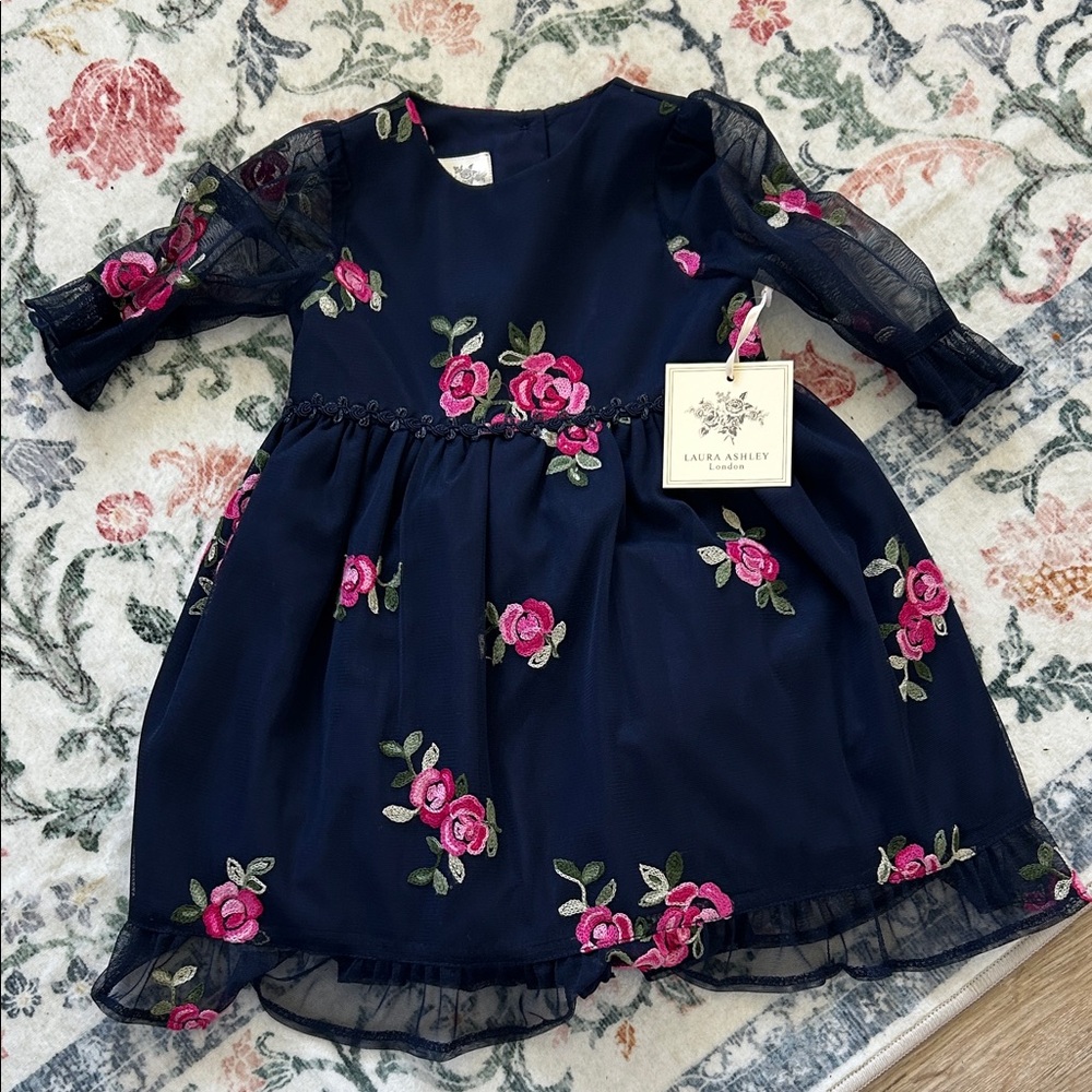 Laura Ashley Navy Dress with Pink Rose Embroidery